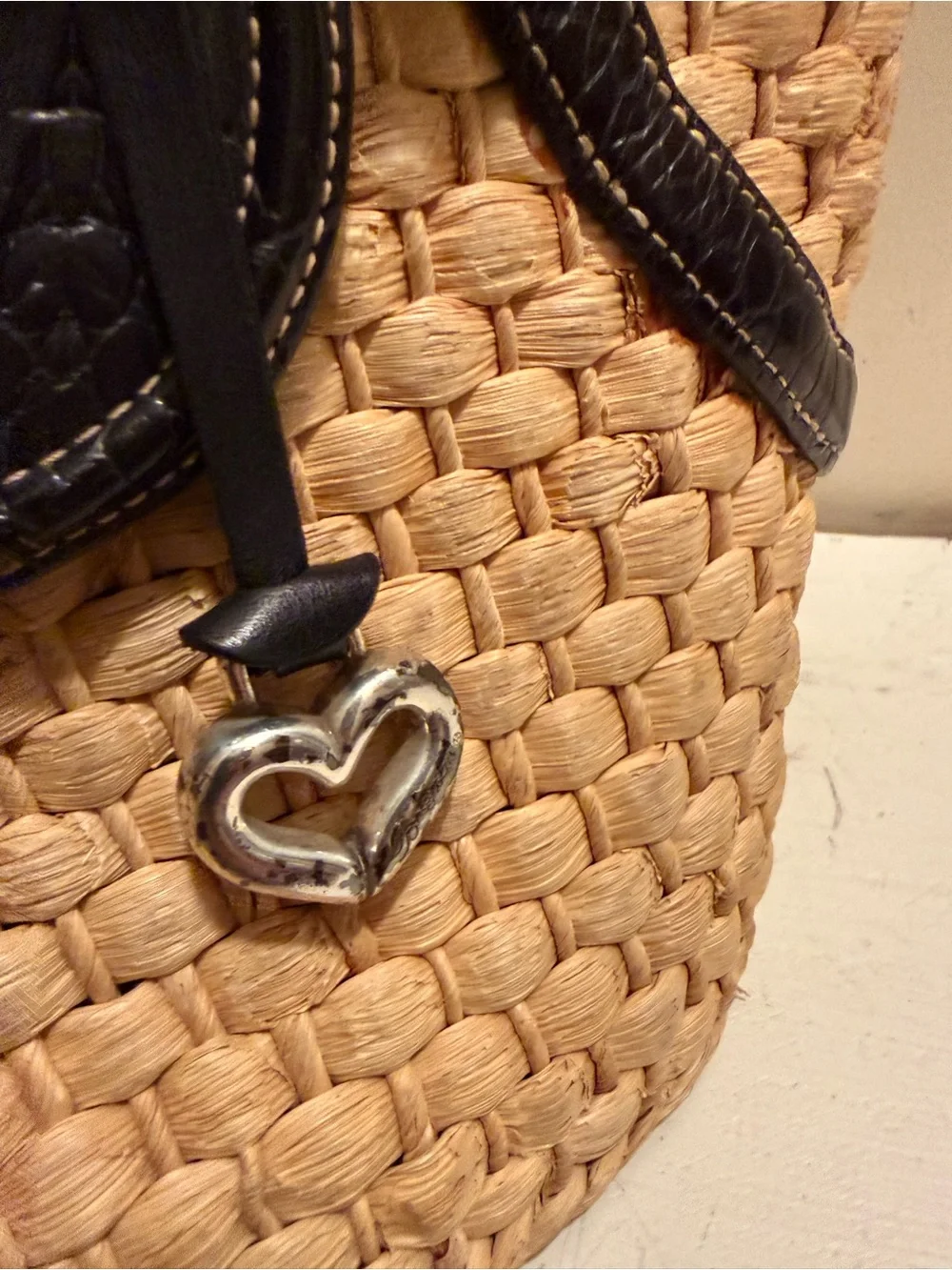 Brighton Natural Straw Tote with Dark Brown Trim and Heart Charm